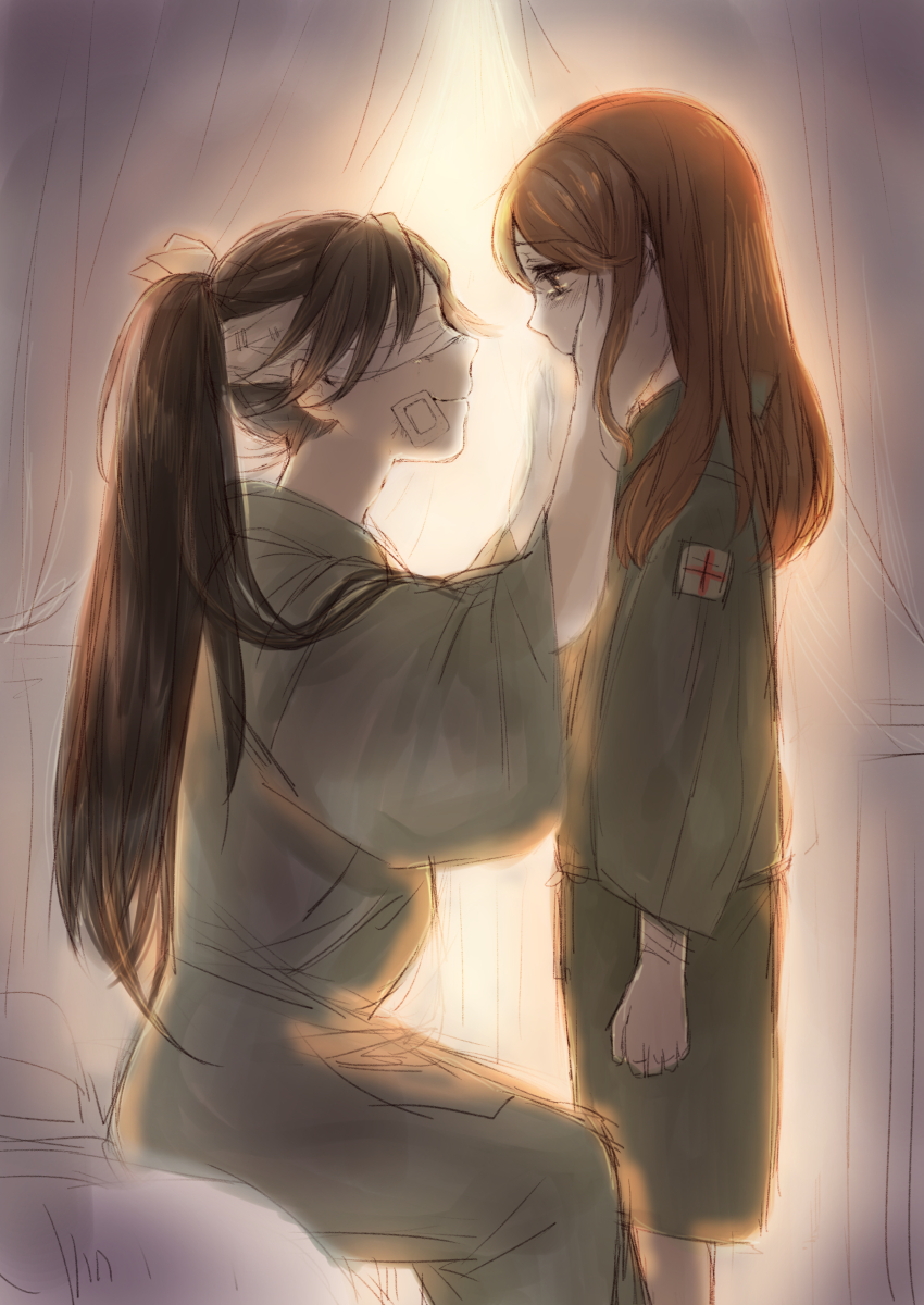 10s, 2girls, absurdres, bad_id, bad_pixiv_id, bandages, bandages_over_eyes, brown_eyes