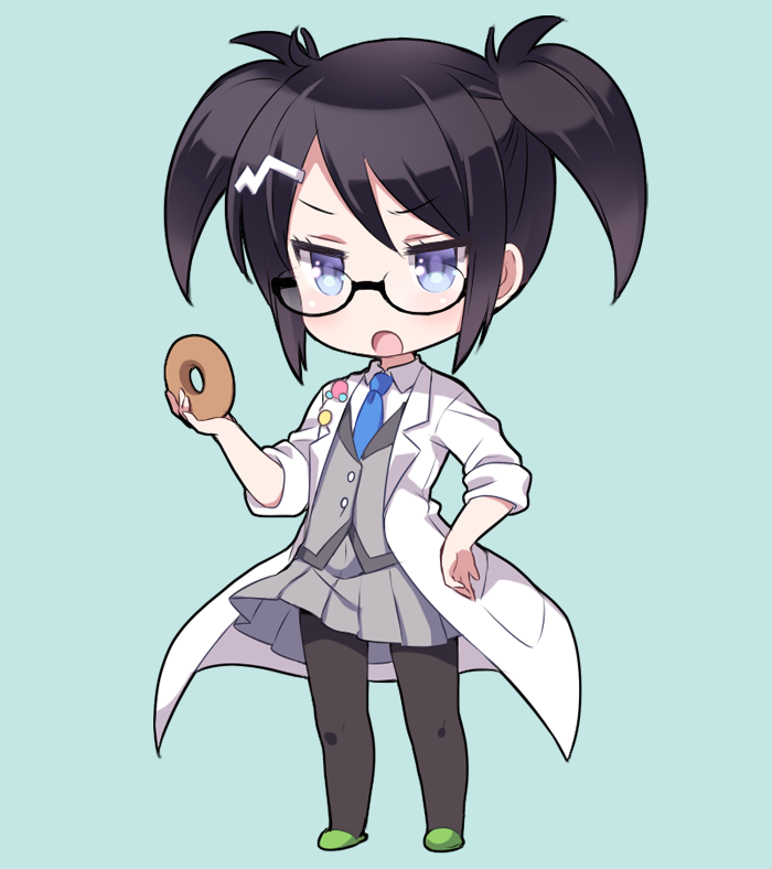 1girl, bemani, black_hair, black_pantyhose, blue_eyes, blush, donut, female_focus