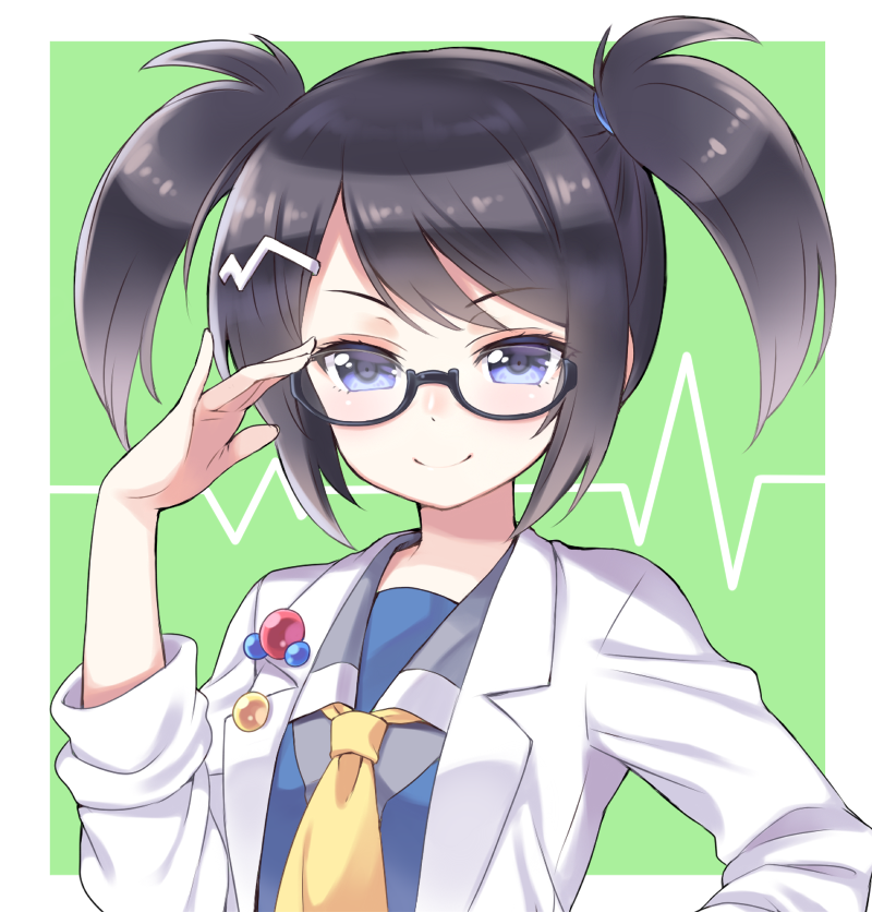 1girl, adjusting_eyewear, bemani, black_hair, blue_eyes, blush, female_focus, glasses