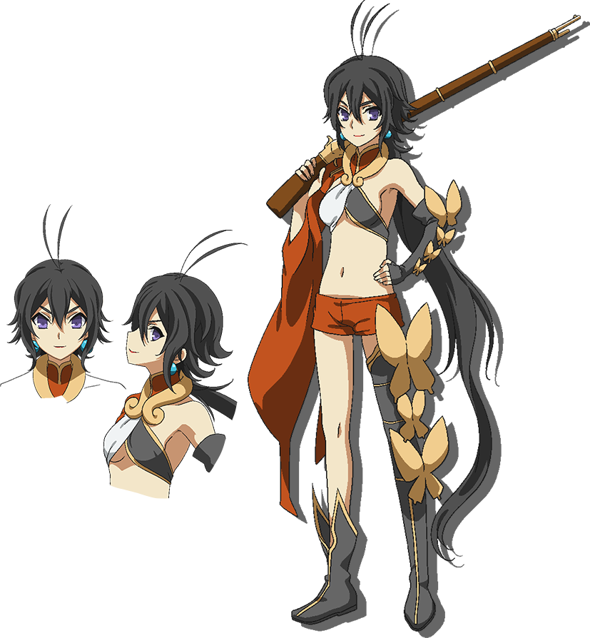10s, 1girl, black_hair, chaos_dragon, concept_art, gakushou, official_art, shorts, simple_background, tagme, weapon