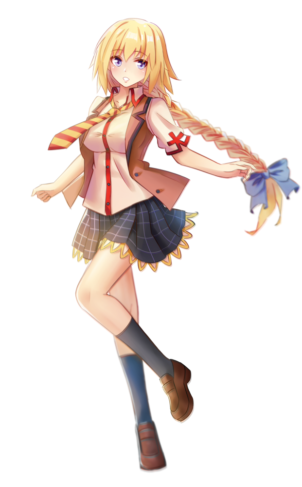 1girl, black_socks, blonde_hair, blush, bow, braid, breasts, fate/apocrypha