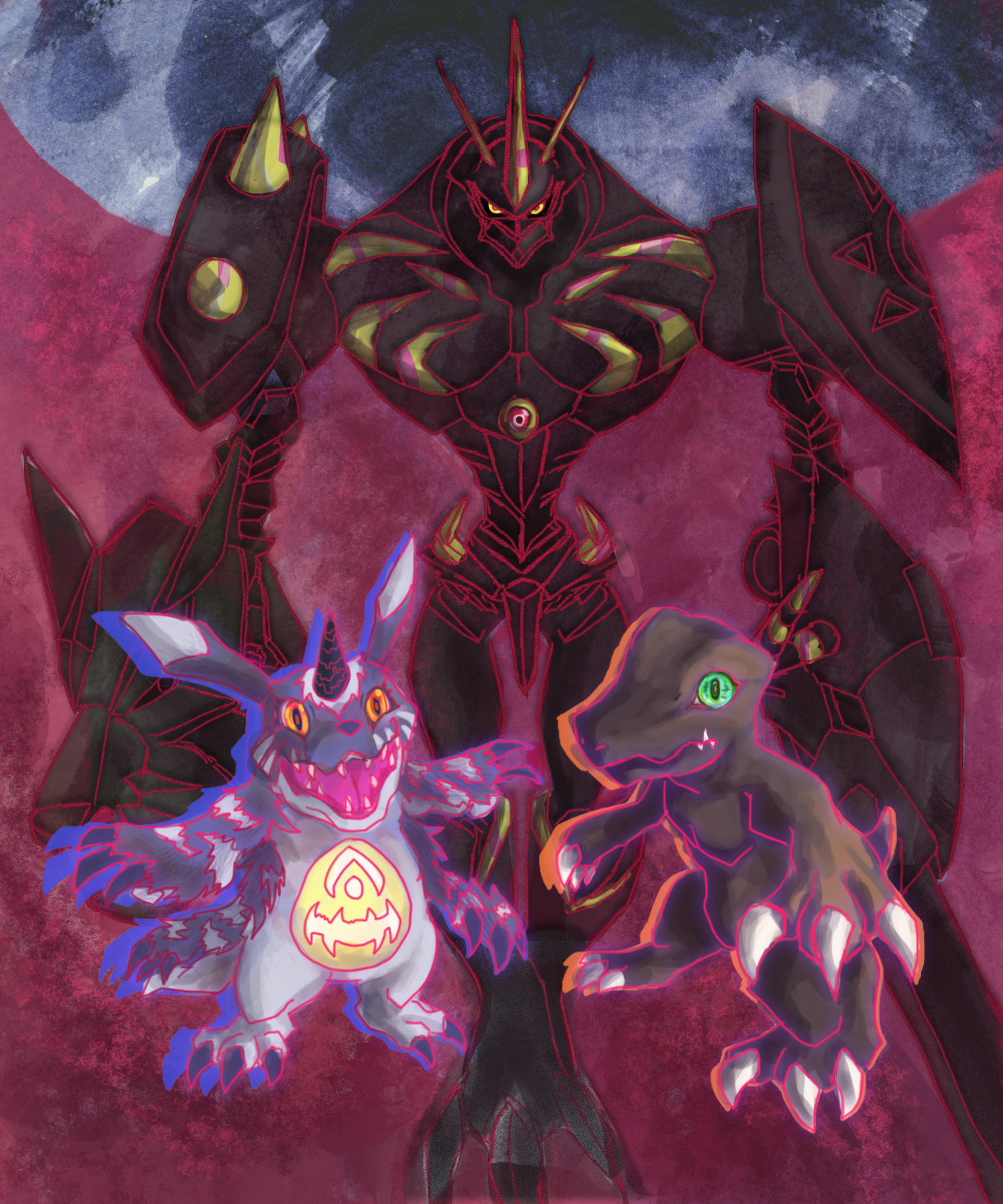 agumon_(black), armor, bandai, black_armor, black_cape, cape, digimon, full_armor, gabumon_(black), gradient_background, highres, horns, looking_at_viewer, monster, no_humans, omegamon_zwart, teeth