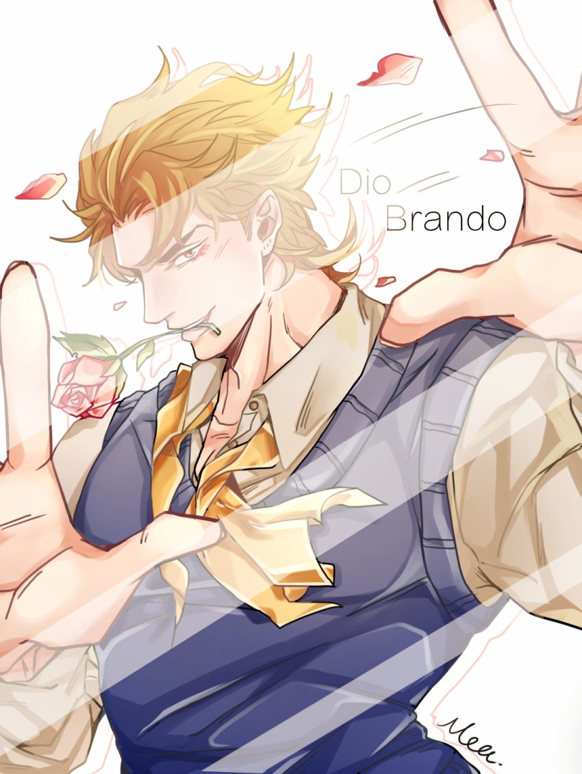 1boy, against_glass, ascot, bad_id, bad_pixiv_id, blonde_hair, dio_brando, flower, highres, jojo_no_kimyou_na_bouken, male_focus, mealeston, mouth_hold, rose, simple_background, solo, vest, waistcoat