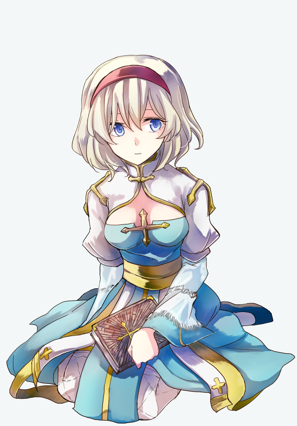 1girl, alice_margatroid, alternate_costume, arch_bishop_(ragnarok_online), blonde_hair, blue_eyes, book, breasts