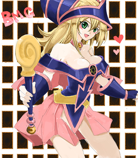 1girl, blonde_hair, blush, breasts, dark_magician_girl, duel_monster, female_focus, large_breasts, long_hair, pentacle, solo, staff, tsuyu, yu-gi-oh!, yu-gi-oh!_duel_monsters