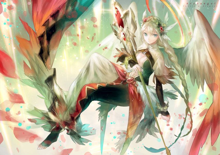 1girl, angel, angel_wings, archangel_(p&amp;d), bad_id, bad_pixiv_id, barefoot, blonde_hair