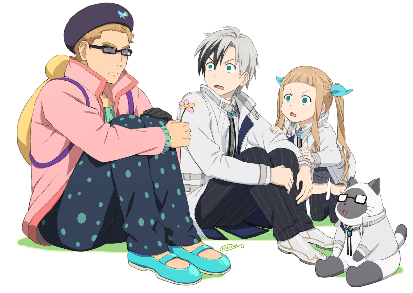 1girl, 2boys, aqua_eyes, aqua_ribbon, aqua_shoes, artist_name, backpack, bad_id