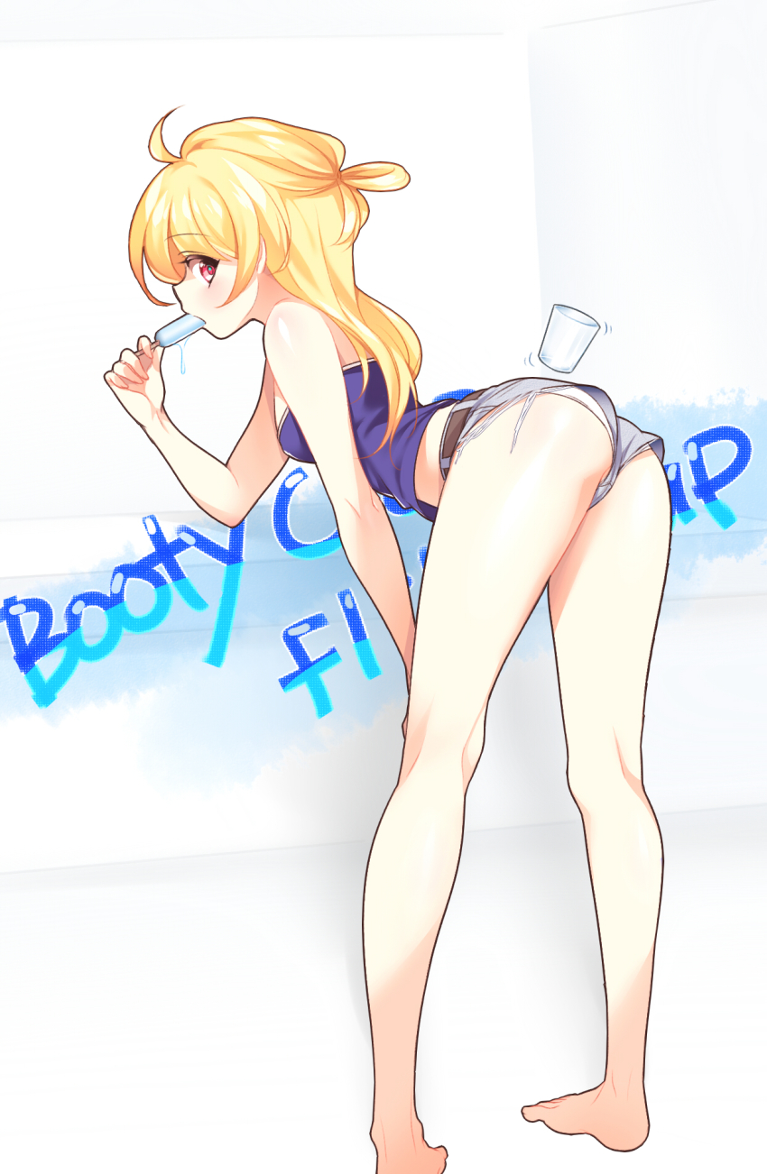 1girl, ass, bad_id, bad_pixiv_id, barefoot, bent_over, blonde_hair, blush