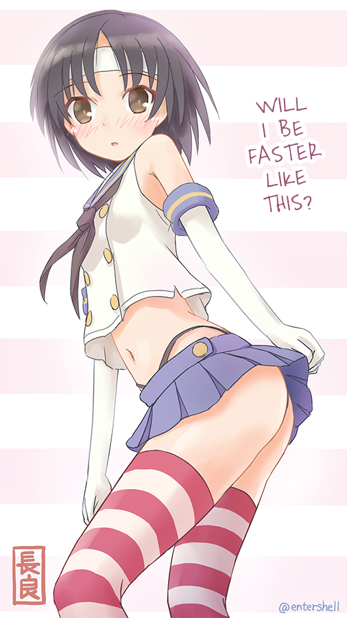 10s, 1girl, ass, bare_shoulders, black_hair, black_panties, blue_skirt, blush, brown_eyes, cosplay, crop_top, elbow_gloves, entershell, female_focus, gloves, hard-translated, headband, highleg, highleg_panties, kantai_collection, looking_at_viewer, microskirt, midriff, nagara_(kancolle), neckerchief, panties, pleated_skirt, sailor_collar, shimakaze_(kancolle), shimakaze_(kancolle)_(cosplay), skirt, solo, striped_background, striped_clothes, striped_thighhighs, thighhighs, third-party_edit, translated, twitter_username, underwear, white_gloves