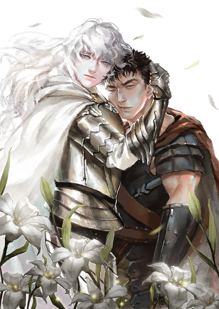 1990s_(style), 2boys, armor, aruolrn, berserk, black_hair, blue_eyes, brown_eyes, cape, flower, griffith_(berserk), guts_(berserk), hug, jitome, lily_(flower), long_hair, male_focus, multiple_boys, short_hair, white_background, white_hair