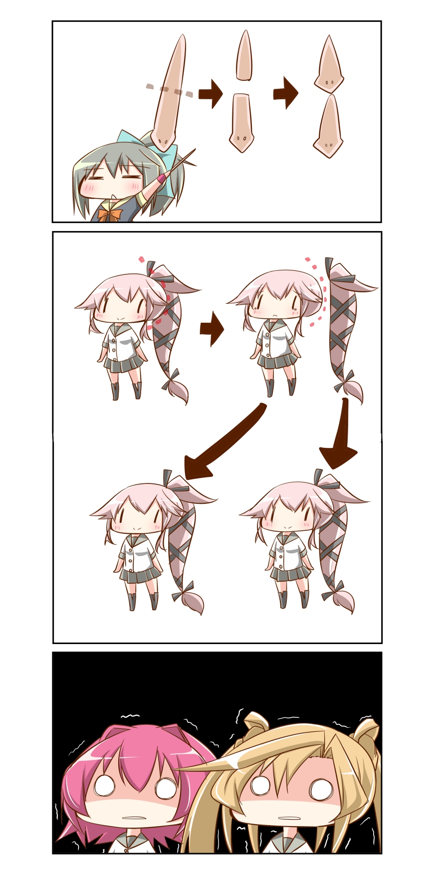 10s, 4koma, absurdres, abukuma_(kancolle), aoki_ume_(style), bad_id, bad_pixiv_id, chibi, comic, highres, kantai_collection, kinu_(kancolle), nanakusa_suzuna, planarian, shaded_face, simple_background, solid_circle_eyes, trembling, yura_(kancolle), yuubari_(kancolle)