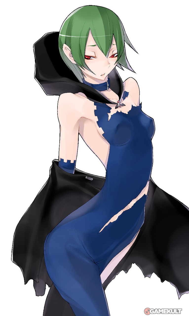 1girl, arm_warmers, bare_shoulders, black_cape, blue_dress, breasts, caladrius, cape, choker, dress, eleanor_riegl, female_focus, green_hair, highres, hood, official_art, red_eyes, simple_background, small_breasts, solo, thighhighs, torn_clothes, torn_dress, yasuda_suzuhito