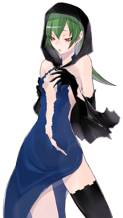 1girl, arm_warmers, bare_shoulders, black_cape, black_thighhighs, blue_dress, breasts, caladrius, cape, center_opening, choker, cleavage, dress, eleanor_riegl, female_focus, green_hair, hands_on_breasts, hood, official_art, red_eyes, simple_background, small_breasts, solo, thighhighs, thighs, torn_cape, torn_clothes, torn_dress, yasuda_suzuhito