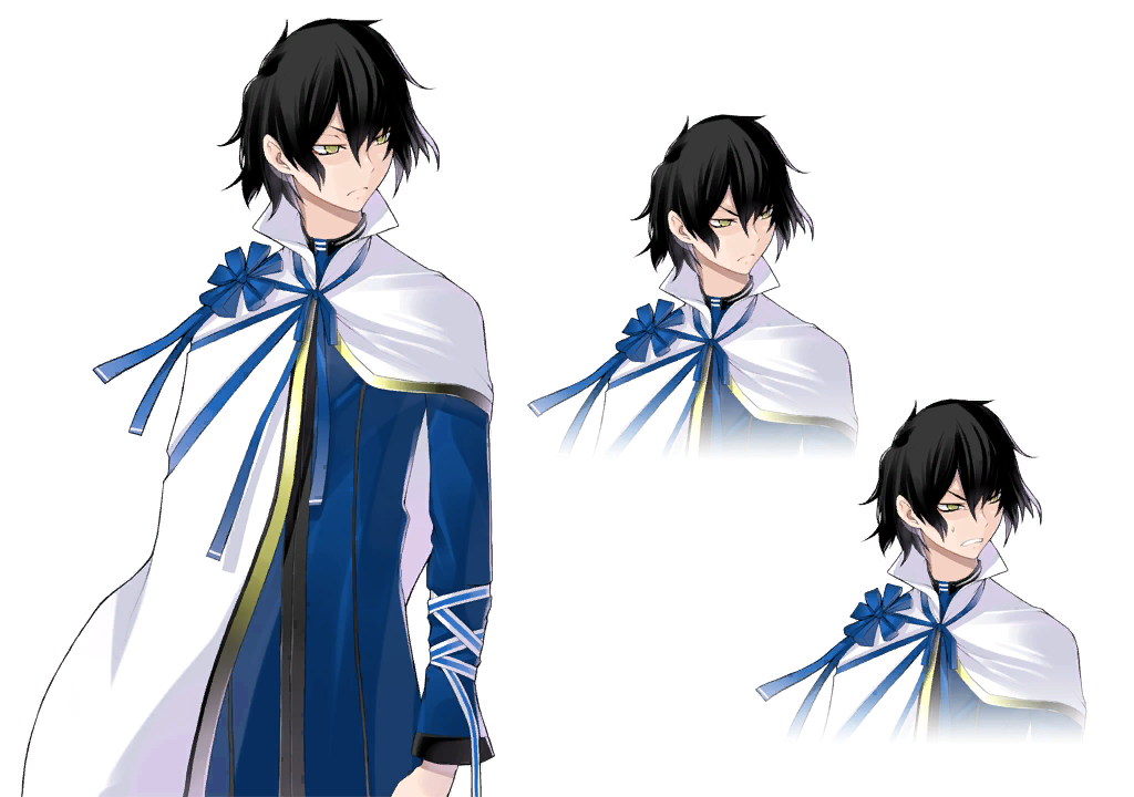 1boy, black_hair, caladrius, cape, kei_percival, male_focus, official_art, ribbon, simple_background, solo, white_cape, yasuda_suzuhito, yellow_eyes