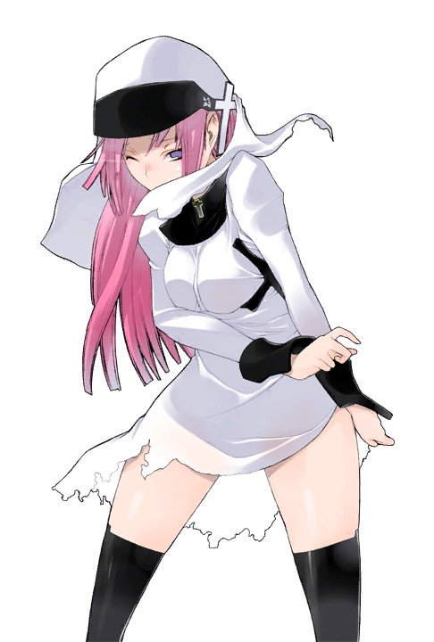 1girl, blue_eyes, breasts, caladrius, cross, female_focus, habit, long_hair, maria_therese_bloomfield, nun, official_art, pink_hair, simple_background, solo, thighhighs, thighs, torn_clothes, yasuda_suzuhito