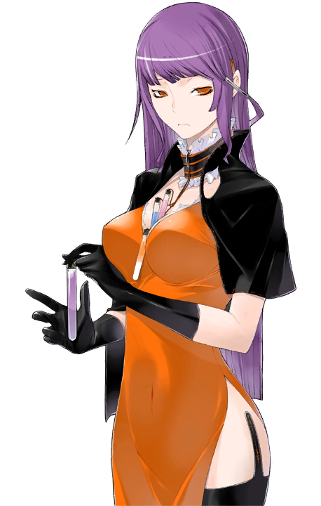 1girl, between_breasts, black_cape, black_gloves, breasts, caladrius, cape, choker, cleavage, dress, elbow_gloves, female_focus, frilled_choker, frills, gloves, large_breasts, long_hair, official_art, orange_dress, orange_eyes, purple_hair, simple_background, solo, sophia_fulancelli, test_tube, thighhighs, thighs, yasuda_suzuhito