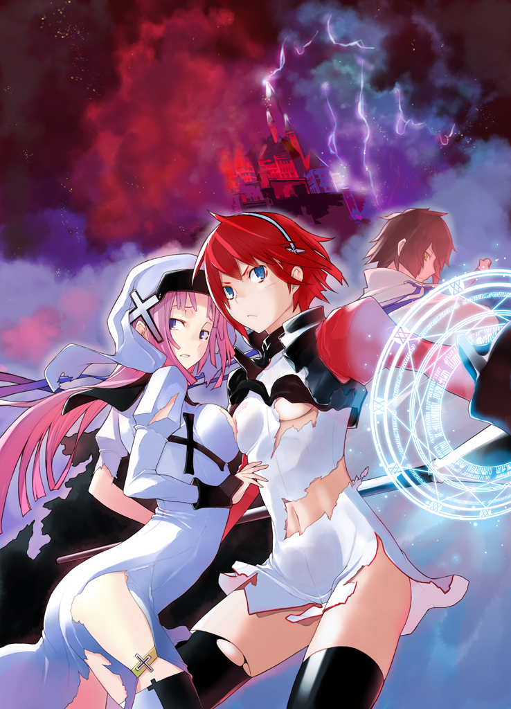 1boy, 2girls, alex_martin, blue_eyes, breast_press, breasts, caladrius, castle