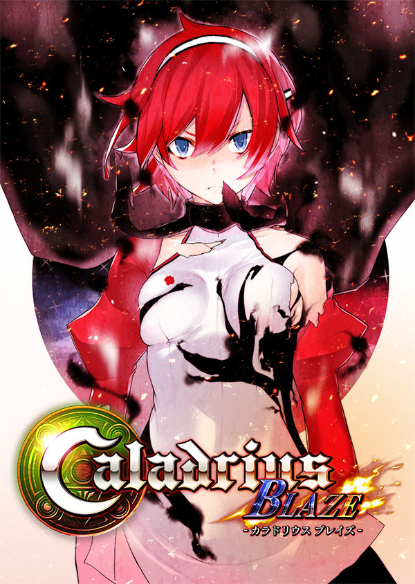 1girl, alex_martin, blue_eyes, breasts, caladrius, female_focus, gradient_background, logo