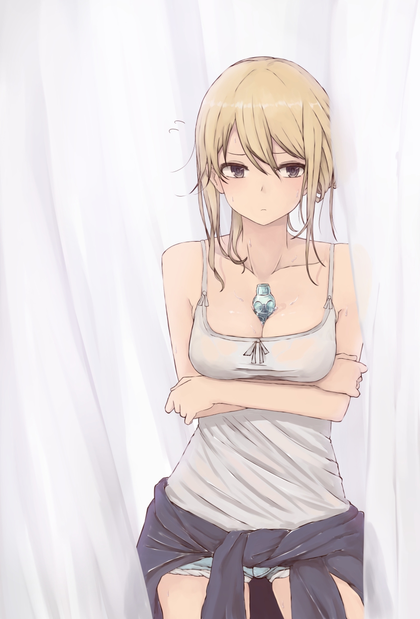 1girl, absurdres, between_breasts, black_eyes, blonde_hair, breasts, camisole, clothes_around_waist