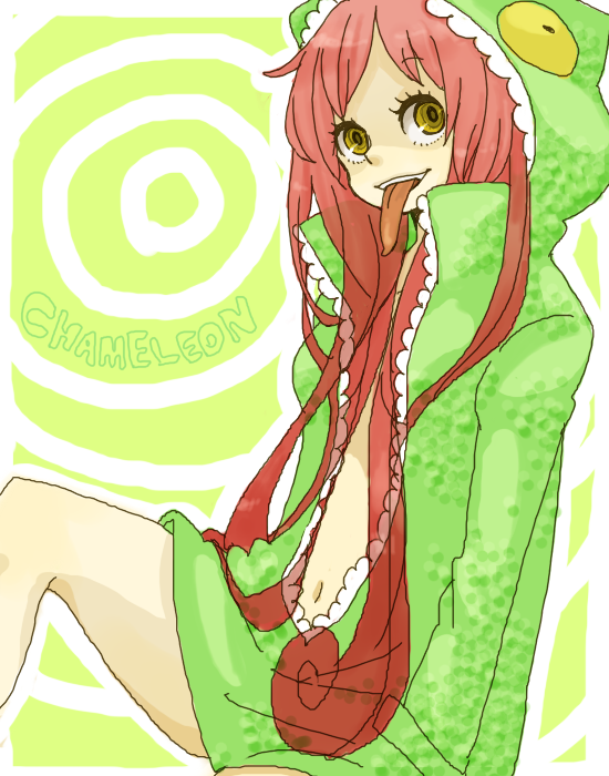 1girl, animal_costume, chameleon, eyelashes, female_focus, long_hair, long_tongue, red_hair, solo, species_name, tongue, tongue_out, yellow_eyes, yukke