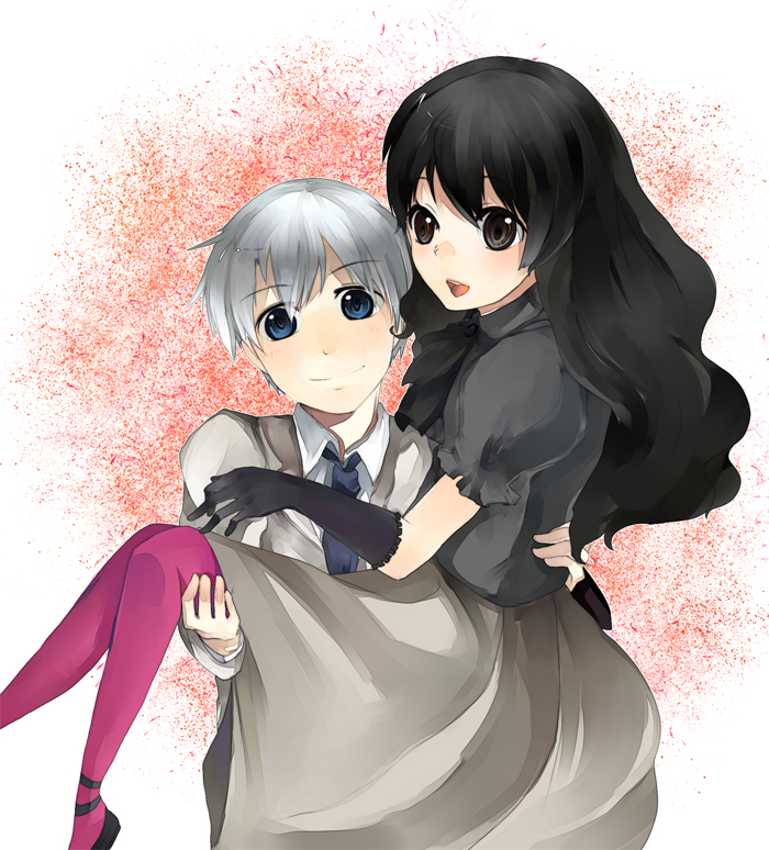 1boy, 1girl, bad_id, bad_pixiv_id, black_eyes, black_hair, blue_eyes, carrying