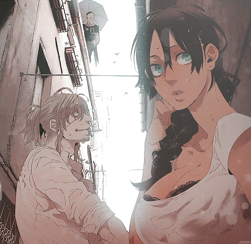 10s, 1girl, 2boys, alex_benedetto, animated, animated_gif, blonde_hair, breasts, brown_hair, dark_skin, eyepatch, gangsta, green_eyes, large_breasts, looking_at_viewer, looking_away, lowres, multiple_boys, nicolas_brown, sky, sweat, umbrella, worick_arcangelo