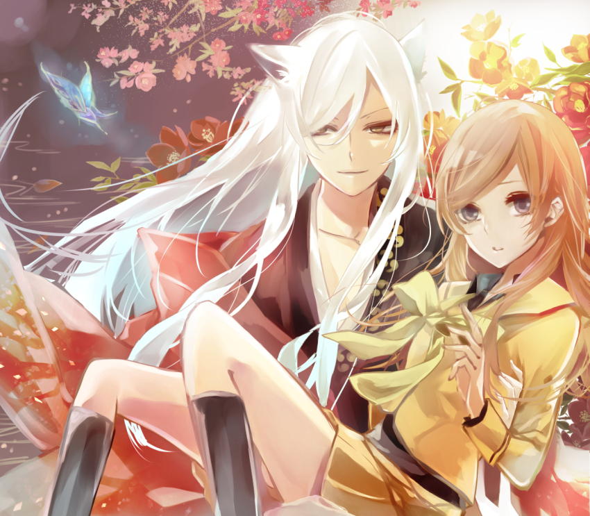 1boy, 1girl, animal_ears, brown_eyes, brown_hair, fox_ears, japanese_clothes, kamisama_hajimemashita