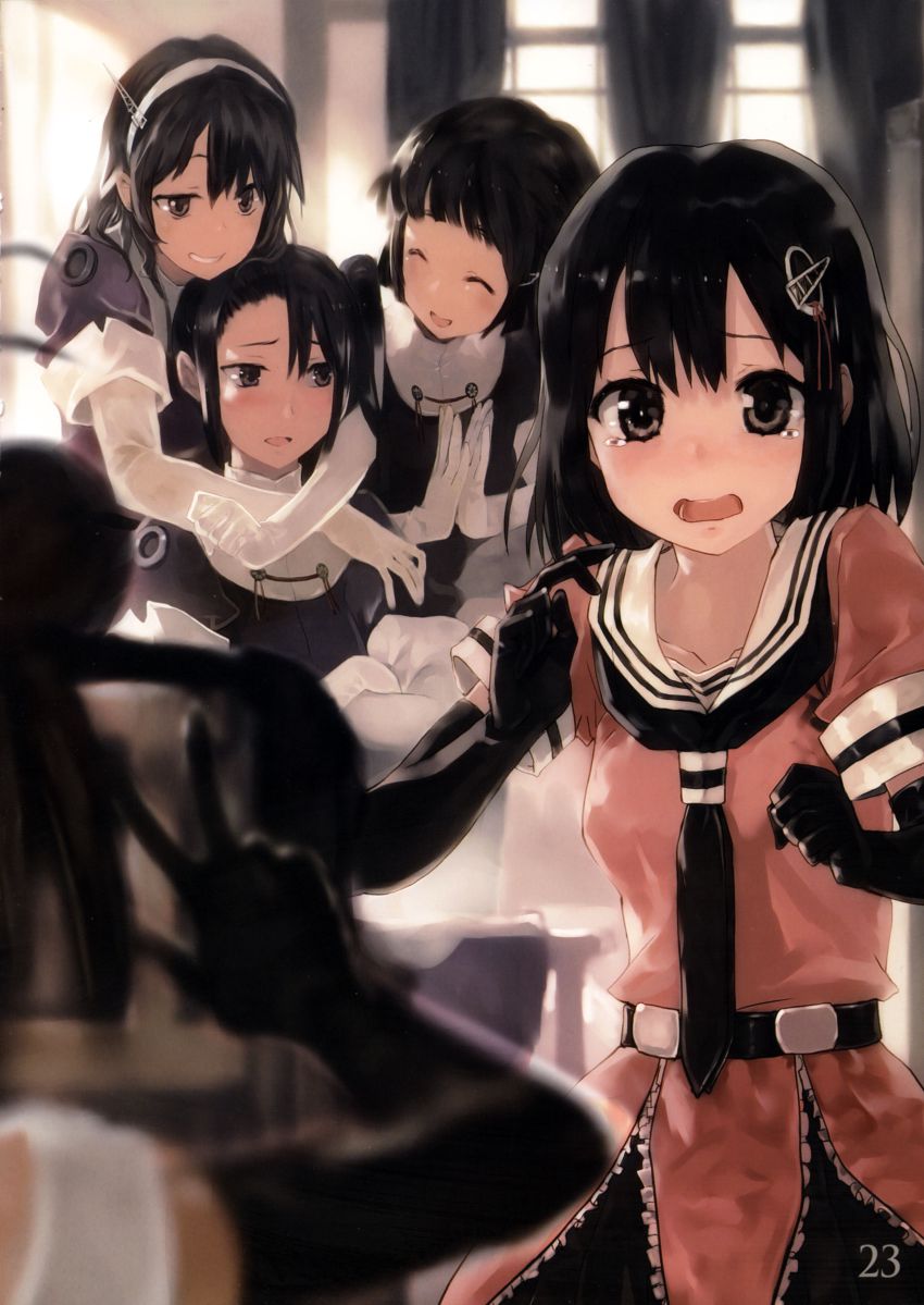 6+girls, :d, ^_^, absurdres, ashigara_(kancolle), black_eyes, black_gloves, black_hair