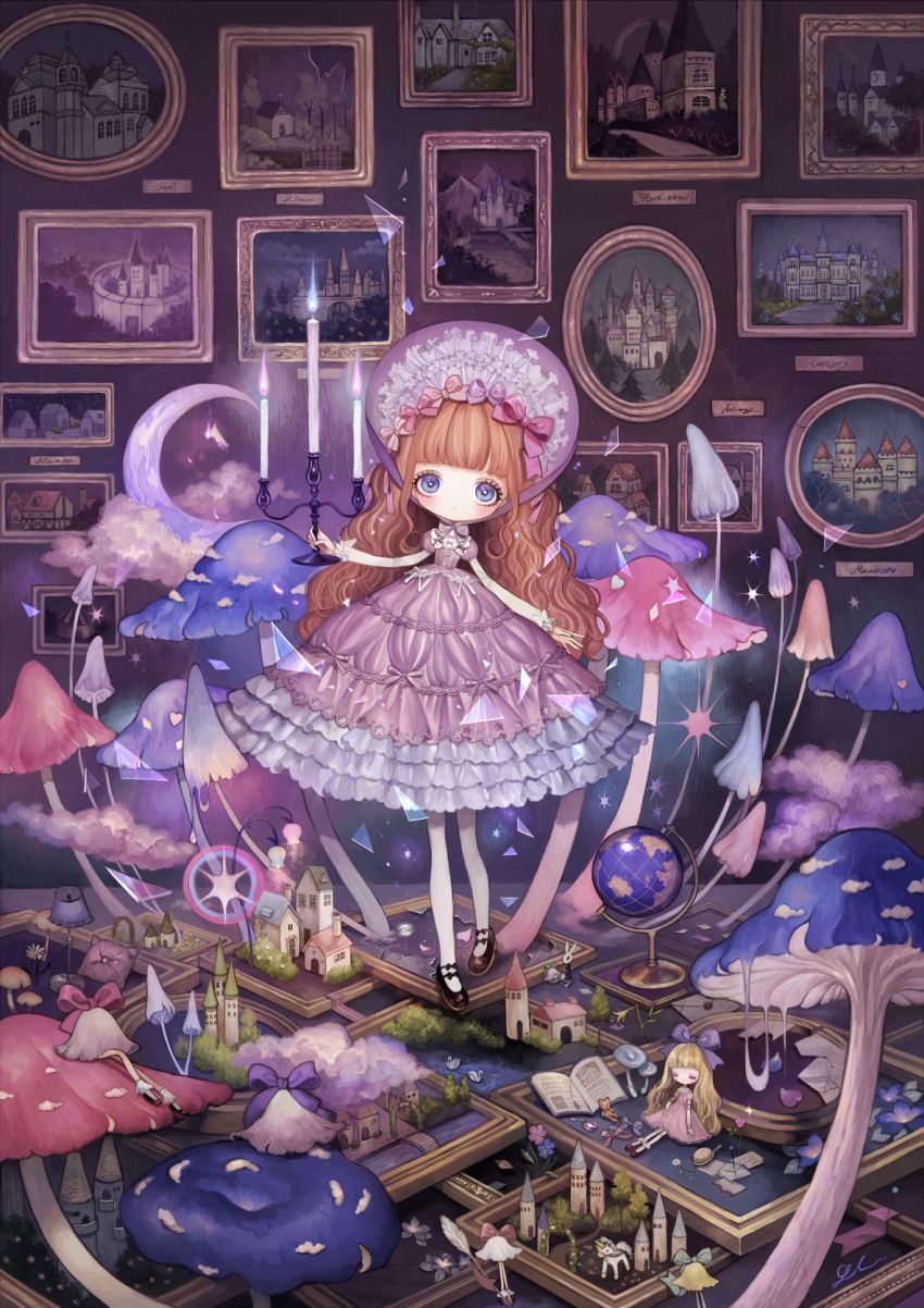 1girl, accurate_lolita_coord, black_footwear, blue_eyes, blunt_bangs, bonnet, book, bow, broken_glass, candelabra, candle, candlestand, castle, cloud, crescent_moon, drawing_(object), dress, eyelashes, feathers, flower, frilled_dress, frills, glass, globe, hair_brush, highres, holding, lamp, letter, lolita_fashion, long_hair, long_legs, long_sleeves, looking_at_viewer, moon, mushroom, open_book, orange_hair, original, pantyhose, picture_frame, pillow, pin, pin_(object), rabbit, shirosaki_london, shoes, sidelocks, stuffed_animal, stuffed_toy, surreal, teddy_bear, tree, unicorn, wavy_hair, white_pantyhose
