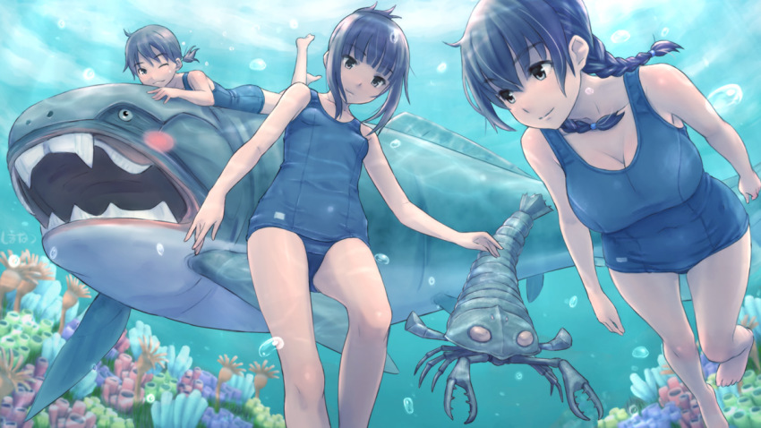 3girls, ;), age_difference, barefoot, black_hair, blue_one-piece_swimsuit, blunt_bangs, blush_stickers, braid, breasts, bubble, cleavage, coral, dunkleosteus, fish, folded_ponytail, freediving, from_below, hair_between_eyes, hair_over_shoulder, holding_breath, large_breasts, legs_up, light_smile, lobster, long_hair, looking_at_viewer, looking_to_the_side, low_ponytail, lying, multiple_girls, old_school_swimsuit, on_stomach, one-piece_swimsuit, one_eye_closed, original, ponytail, prehistoric_animal, riding, school_swimsuit, shark, sharp_teeth, shimano_natsume, short_hair, short_hair_with_long_locks, short_ponytail, sidelocks, small_breasts, smile, swimming, swimsuit, teeth, twin_braids, underwater