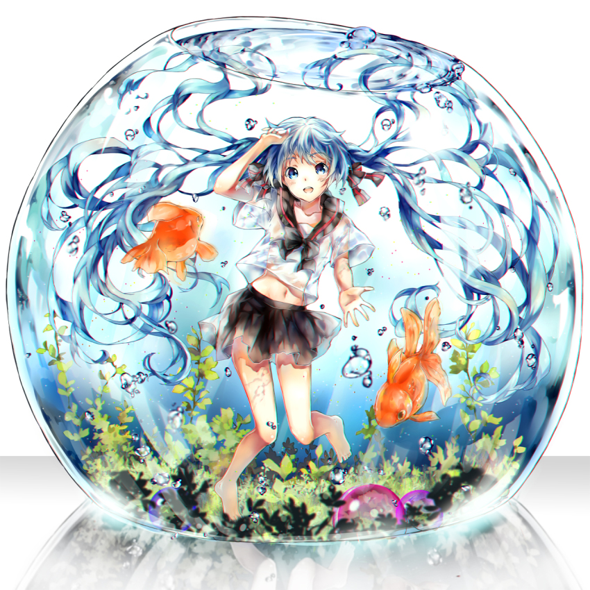 1girl, air_bubble, aqua_eyes, aqua_hair, bare_legs, barefoot, black_bow, black_skirt