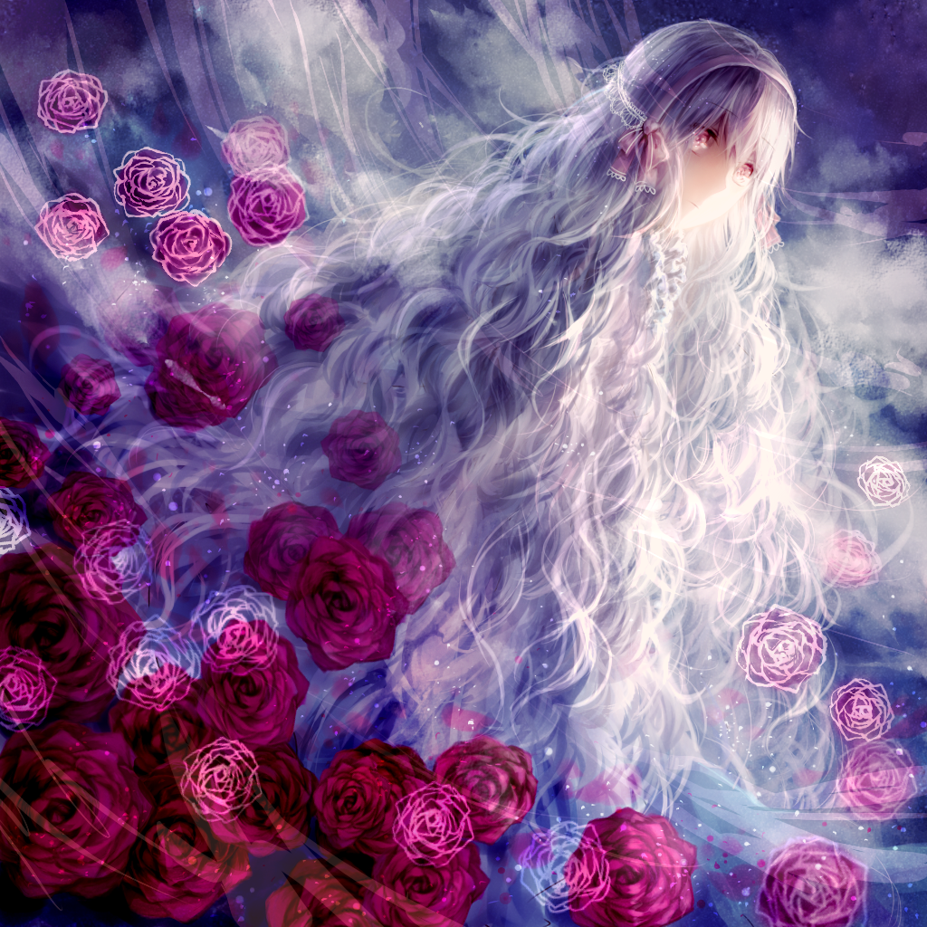 1girl, bad_id, bad_pixiv_id, coaurora, dress, female_focus, flower, gradient_background