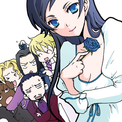 00s, 1girl, 5boys, amshel_goldsmith, black_hair, blood+, blue_eyes, blue_rose, dark_skin, diva, diva_(blood+), dress, flower, formal_clothes, lowres, multiple_boys, rose, solomon_goldsmith, suit
