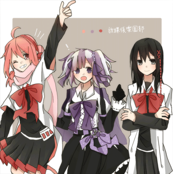 10s, 3girls, ;d, black_hair, bow, choko_donburi, detached_sleeves, fujishiro_otone