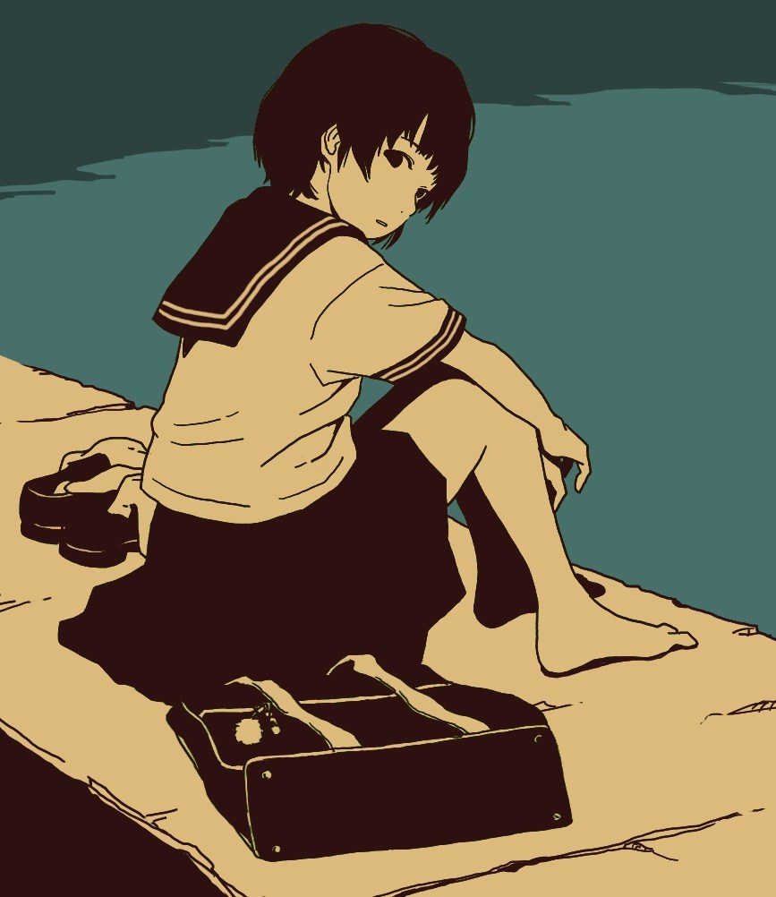 1girl, bag, barefoot, black_eyes, black_hair, black_shoes, black_skirt, blouse