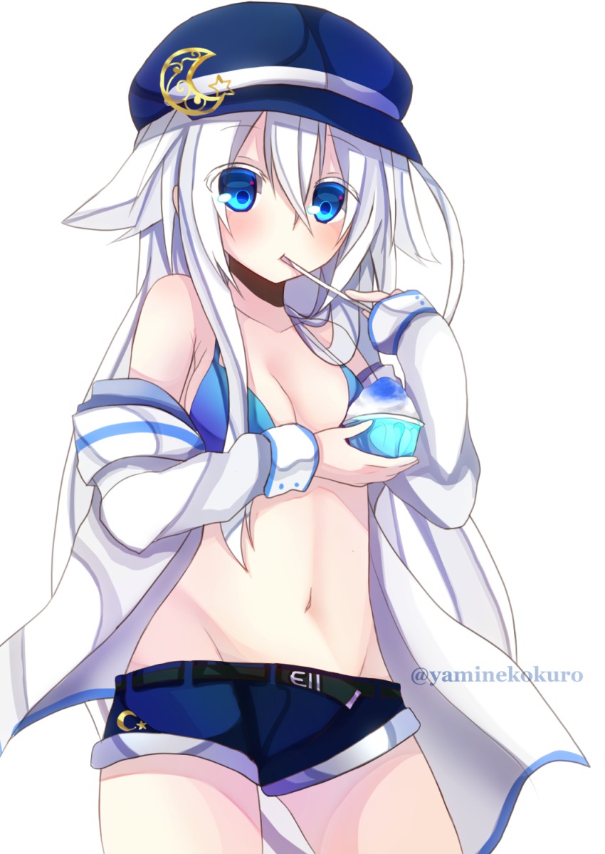 10s, 1girl, alternate_costume, bad_id, bad_nicoseiga_id, blue_eyes, breasts, cleavage, collarbone, female_focus, hat, hibiki_(kancolle), highres, kantai_collection, long_hair, medium_breasts, navel, original, short_shorts, shorts, silver_hair, simple_background, solo, twitter_username, verniy_(kancolle), yamine_kuro