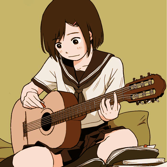 1girl, acoustic_guitar, bad_id, bad_tumblr_id, black_neckerchief, black_skirt, black_socks, blouse