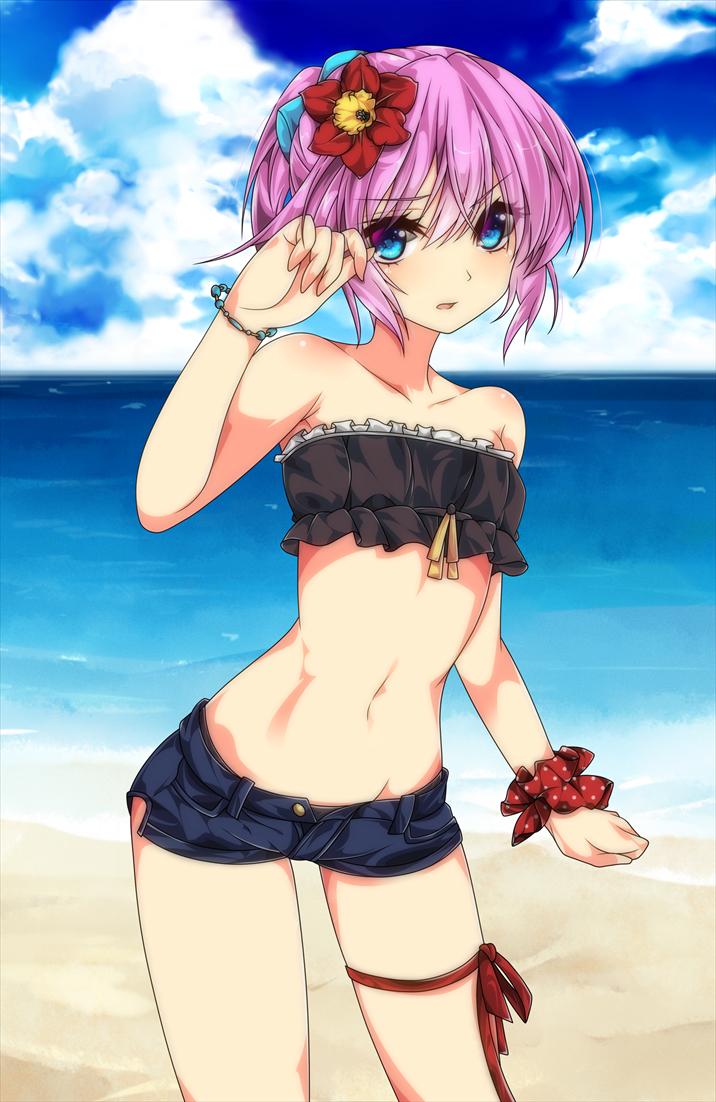 10s, 1girl, alternate_costume, bare_arms, bare_shoulders, beach, blue_eyes, blush