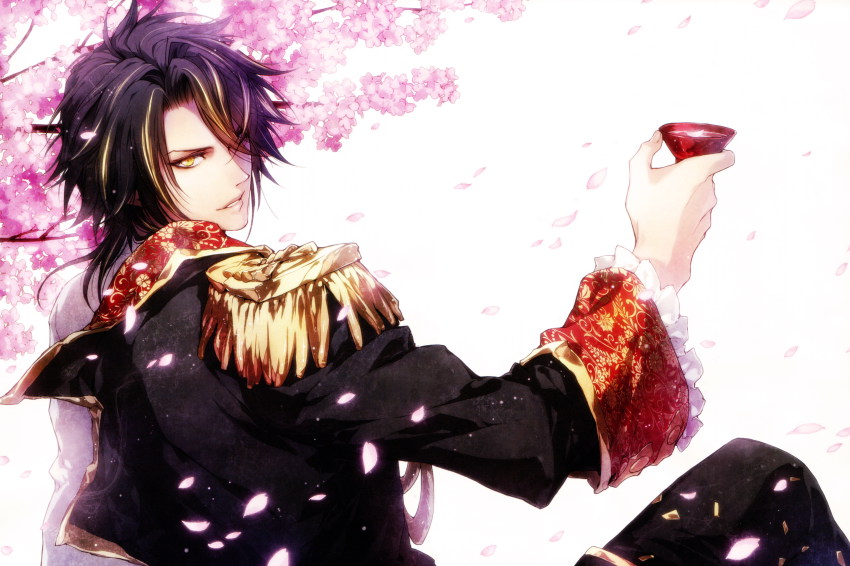 1boy, absurdres, alcohol, black_hair, cherry_blossoms, gradient_background, highres, leon_(reine_des_fleurs)