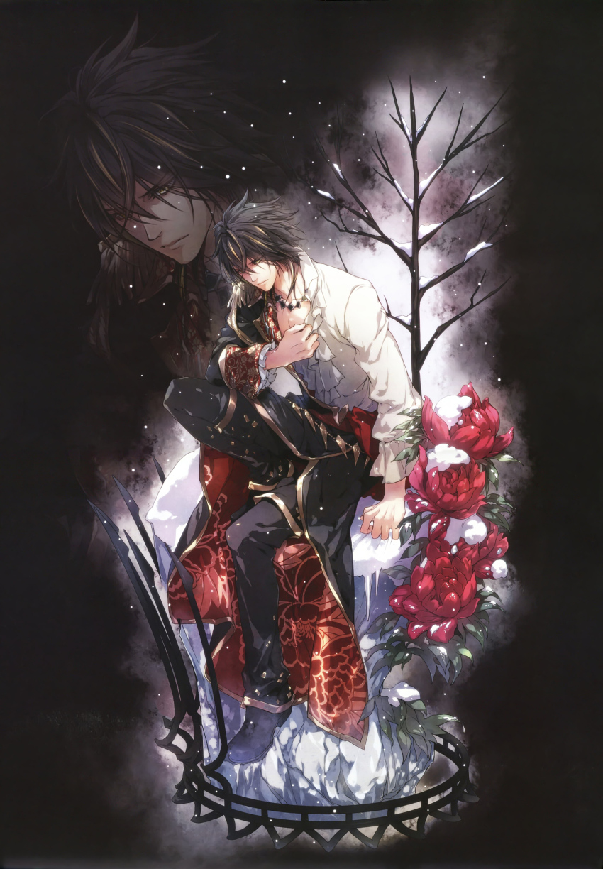 1boy, absurdres, black_hair, flower, full_body, gradient_background, highres, jewelry