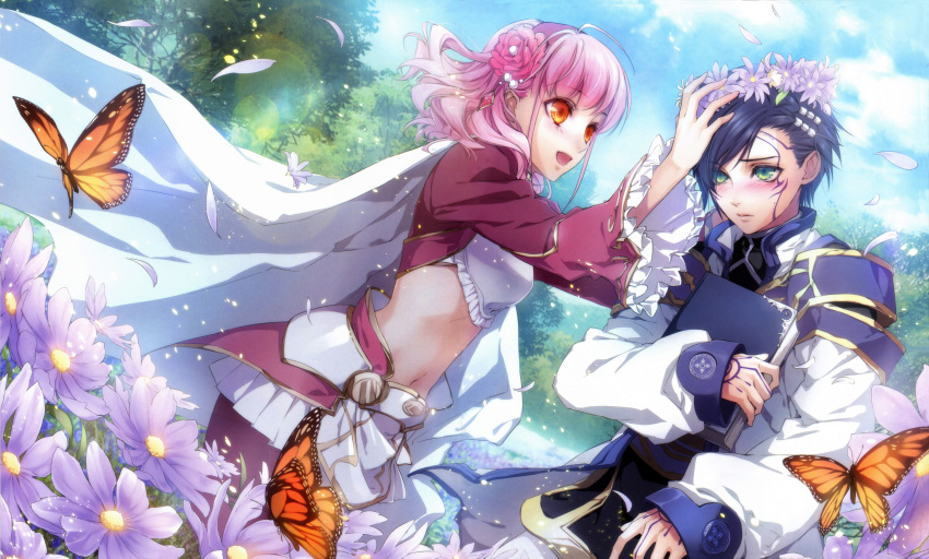 1boy, 1girl, absurdres, blue_hair, blush, book, bug, butterfly