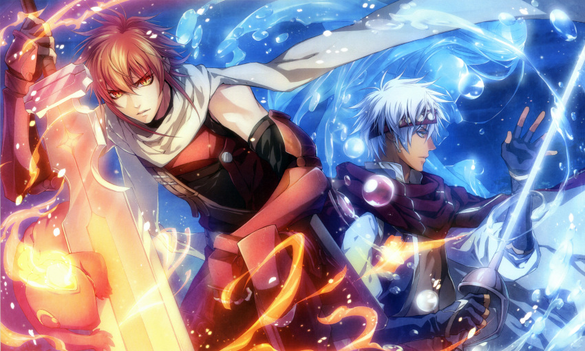 2boys, absurdres, bilal_asad_ithnan_faranbald, fingerless_gloves, fire, gloves, gradient_background, highres