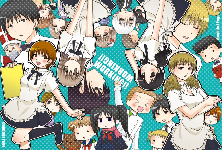 6+boys, 6+girls, adachi_masahiro, annotated, apron, black_hair, blonde_hair, brown_hair