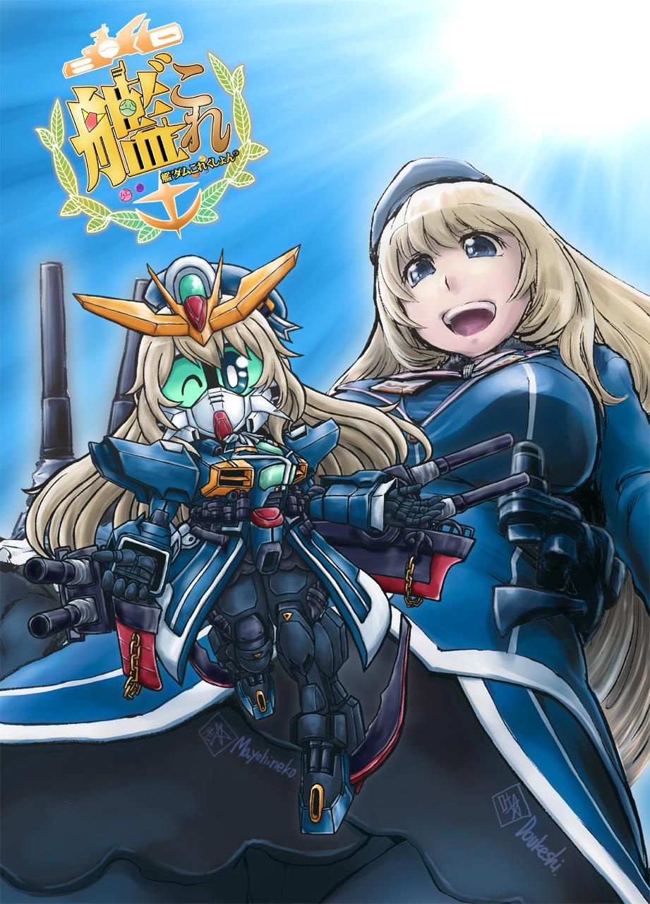 10s, 1girl, atago_(kancolle), blonde_hair, breasts, colored_sclera, crossover, green_sclera, gundam, gundam_double_x, hat, highres, kantai_collection, large_breasts, long_hair, military, military_uniform, pantyhose, sd_gundam, ship_turret, stufquin
