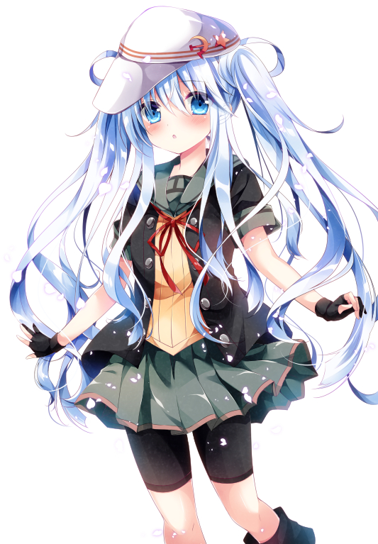 10s, 1girl, abukuma_(kancolle), abukuma_(kancolle)_(cosplay), alternate_costume, bike_shorts, bike_shorts_under_skirt, blouse, blue_eyes, cosplay, female_focus, fingerless_gloves, gloves, hammer_and_sickle, hibiki_(kancolle), jacket, kantai_collection, long_hair, nogi_takayoshi, school_uniform, shirt, shorts, shorts_under_skirt, silver_hair, simple_background, skirt, smile, solo, star_(symbol), twintails, verniy_(kancolle)