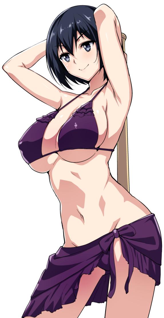 10s, 1girl, arms_up, baseball_bat, bikini, black_eyes, black_hair, blush