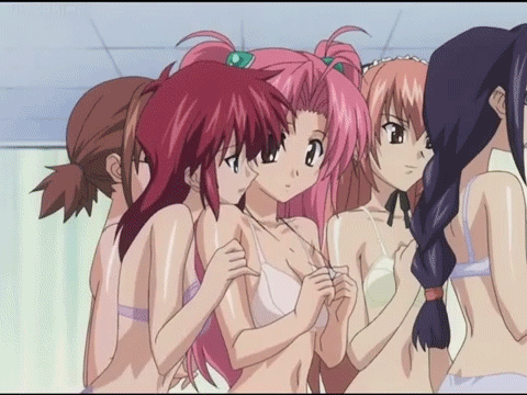 00s, 5girls, animated, animated_gif, anime_screenshot, bra, breasts, female_pov