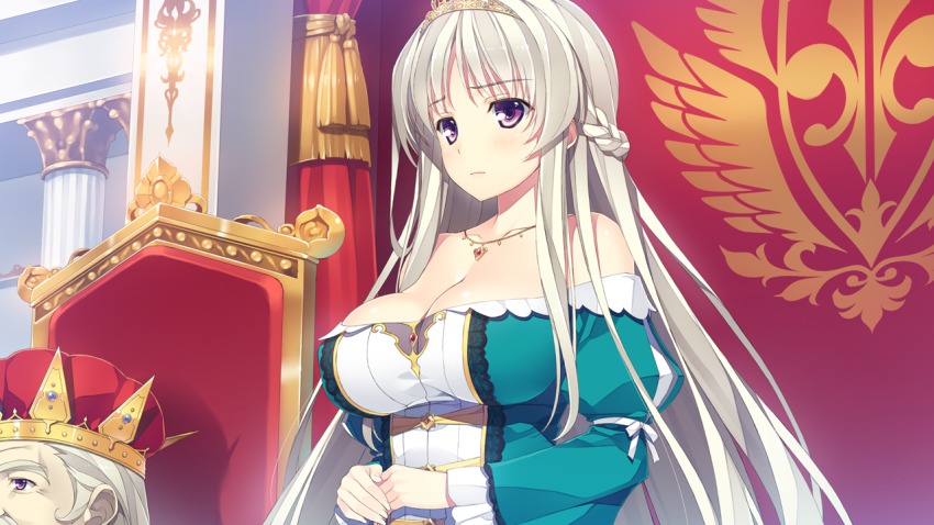 1girl, bare_shoulders, blush, braid, breasts, cleavage, crown, dress, game_cg, grey_hair, juukishi_cutie_bullet, king, large_breasts, looking_away, princess, purple_eyes, reina_de_medishi, sitting, standing, strapless, throne, upper_body, yuuki_hagure