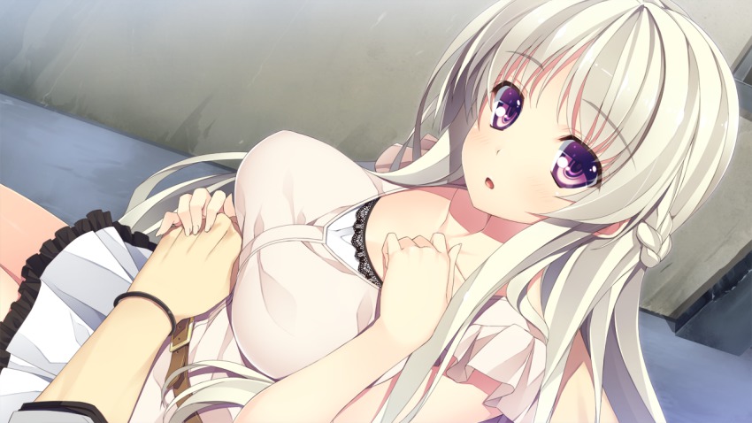 1girl, belt, bench, blush, braid, breasts, collarbone, dutch_angle