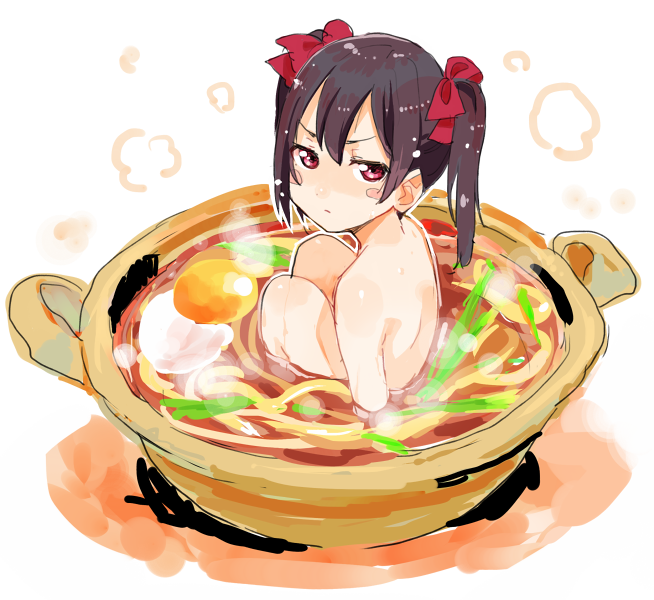 10s, 1girl, arms_at_sides, back, black_hair, blush_stickers, bowl, completely_nude